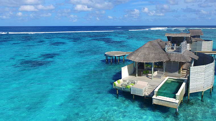 six senses laamu water villa pool aerial